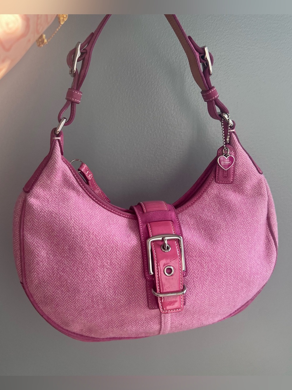 Vintage Coach Pink Herringbone Tweed Leather Hobo Handbag